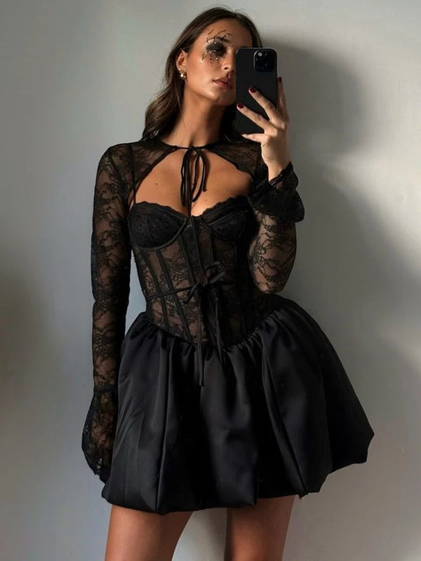 Mozision Black Lace Puffball Mini Dress