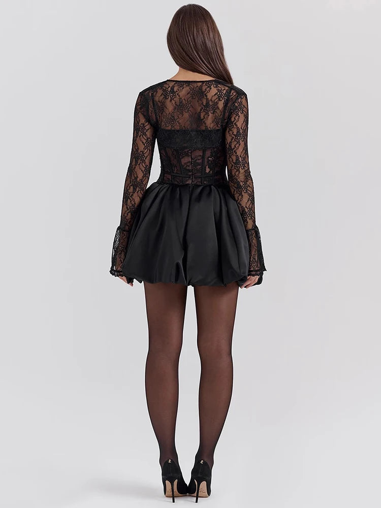 Mozision Black Lace Puffball Mini Dress