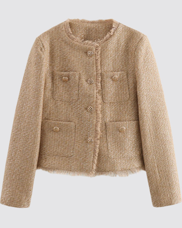 Tweed Button Long Sleeve Short Jacket