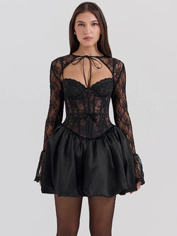 Mozision Black Lace Puffball Mini Dress